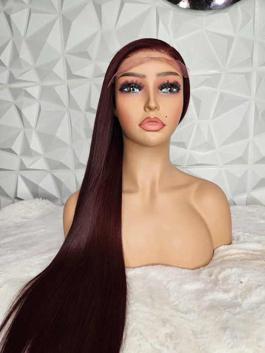 22” Straight Wig – 5×5 Swiss Lace Closure | Burgundy | Raw Hair