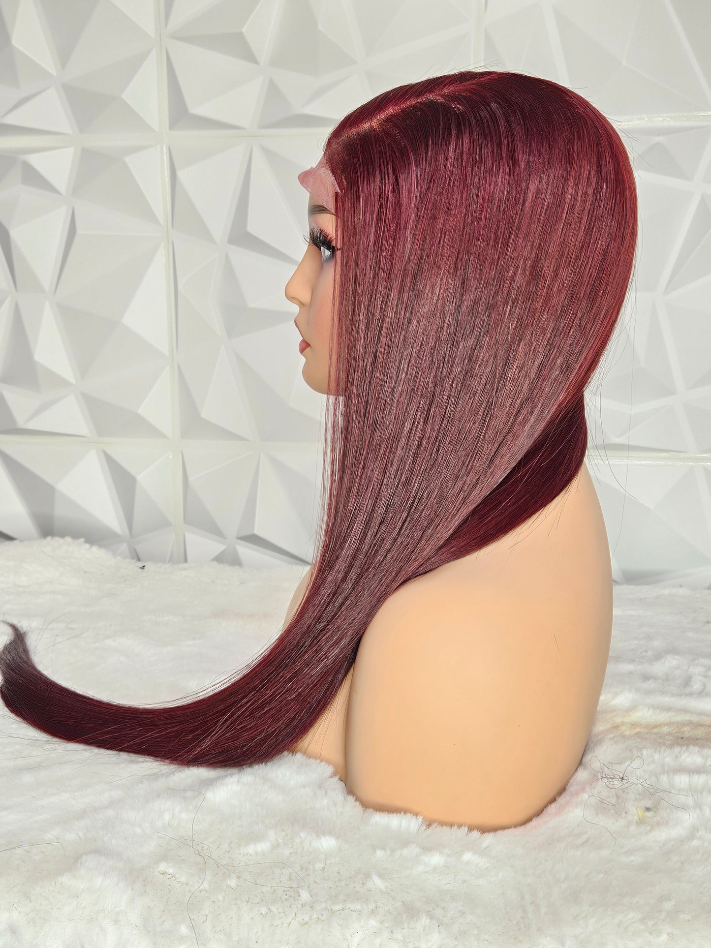 22” Straight Wig – 5×5 Swiss Lace Closure | Burgundy | Raw Hair