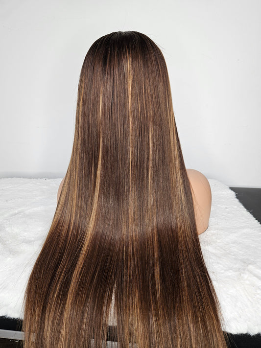 22” Bone Straight Wig – 5×5 Closure | Brown with Highlights