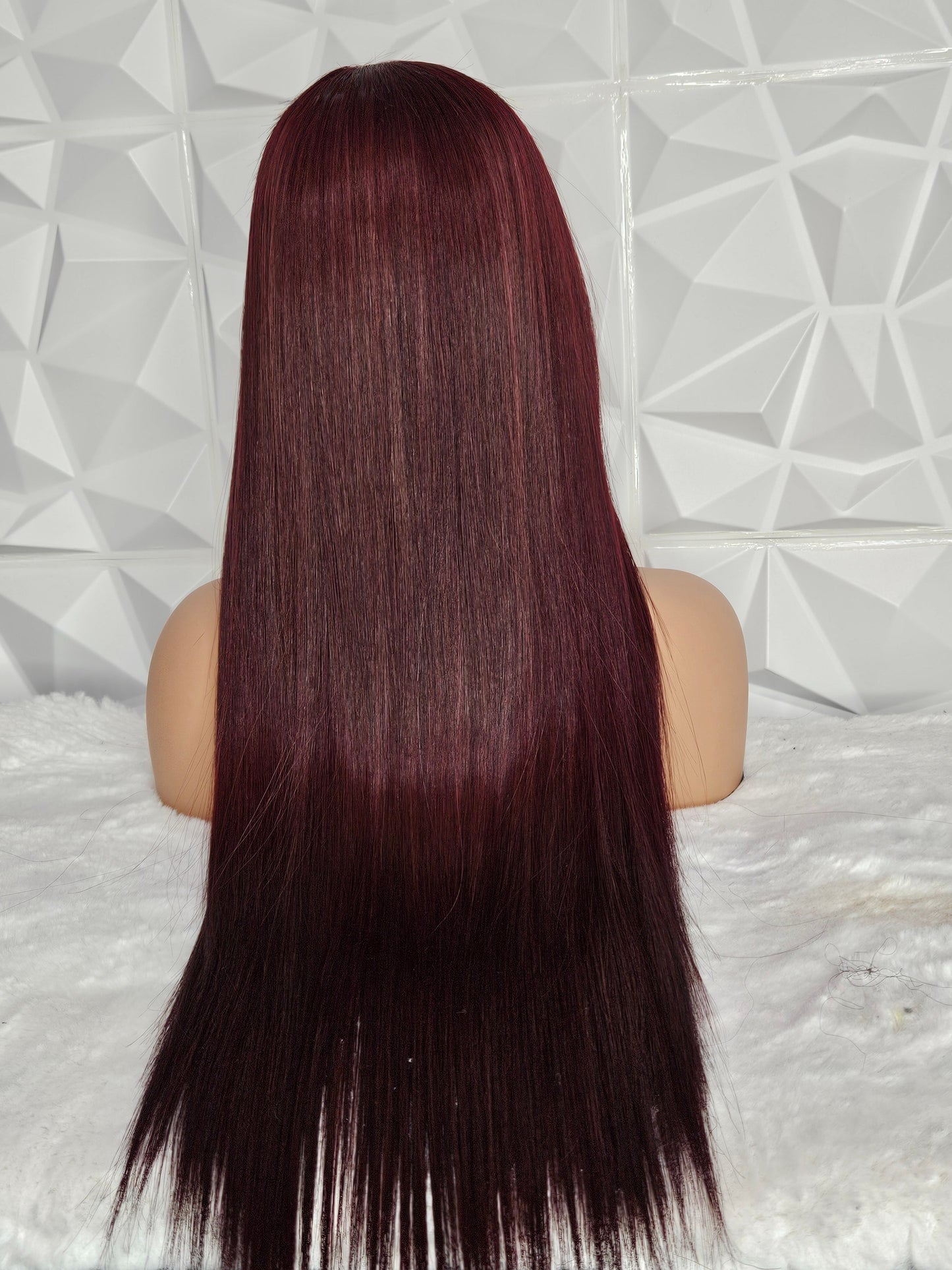 22” Straight Wig – 5×5 Swiss Lace Closure | Burgundy | Raw Hair