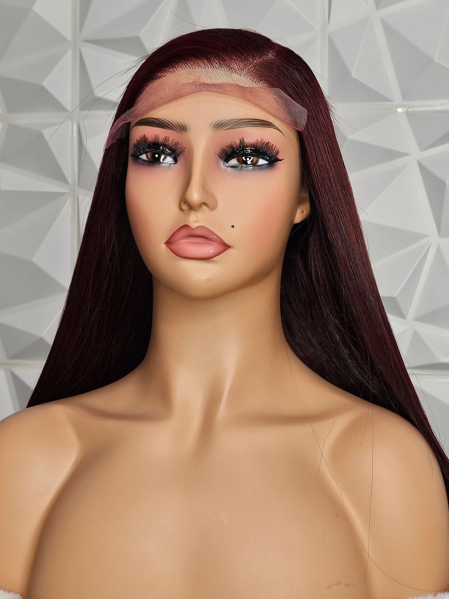 22” Straight Wig – 5×5 Swiss Lace Closure | Burgundy | Raw Hair